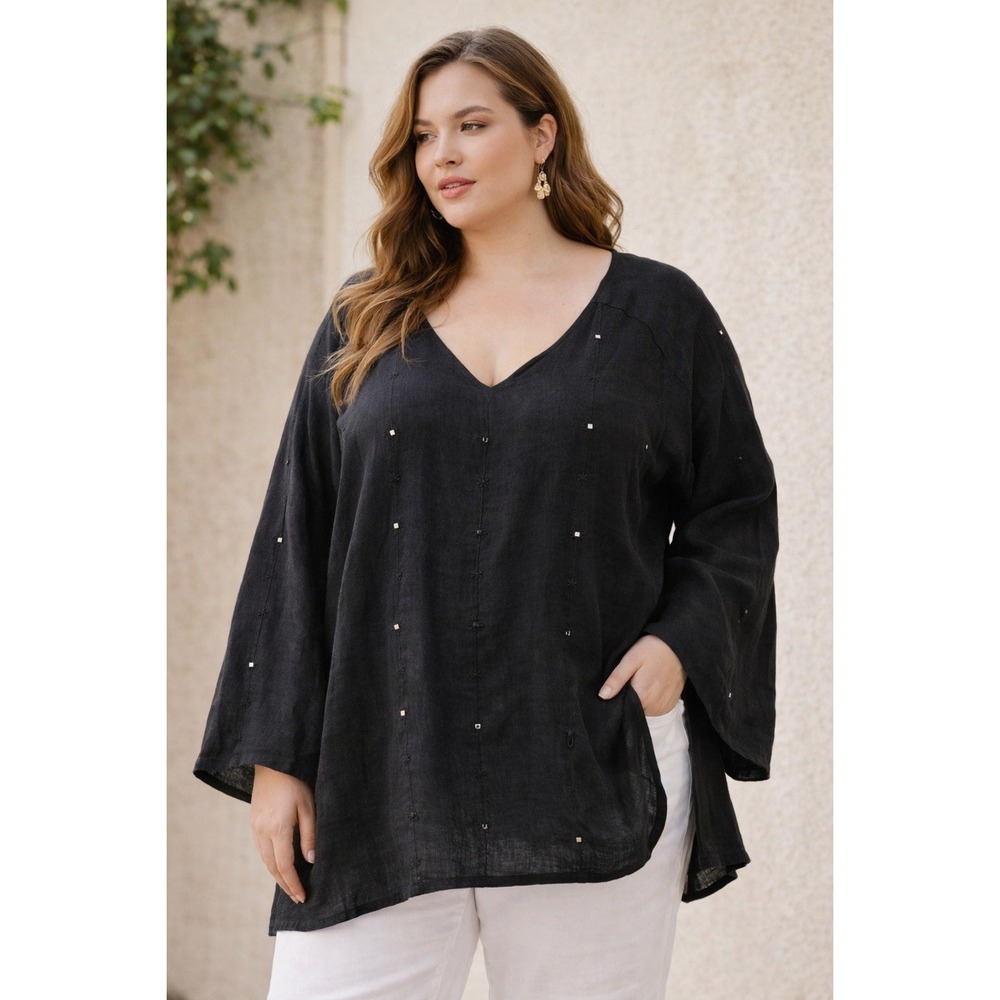Graham Kandiah Black Linen Embroidered Tunic Top Size XL Boho Minimalist Artisan